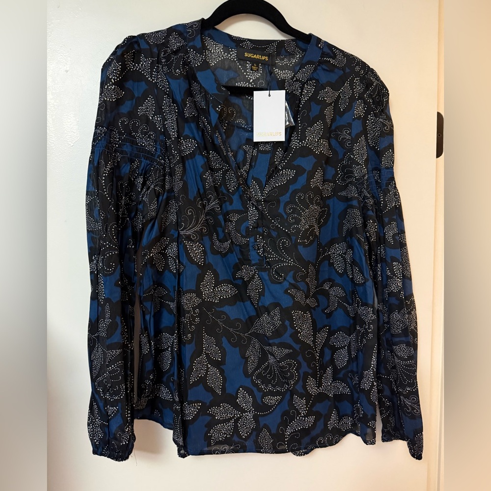 Sugarlips Blue and Black Patterned Blouse